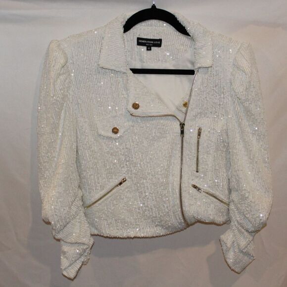 Generation‎ Love Robin Sequined Moto Jacket Zip Up Long White XS $395 - Picture 5 of 8
